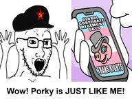 arm clothes communism flag glasses hammer_and_sickle hand hands_up hat open_mouth phone porky soyjak star stonetoss stubble tranny variant:soyak // 1024x768 // 479.5KB