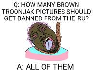 ack answer anti_brown_troonjak ban blackface brown_skin brown_troonjak distorted flag flag:transgender_pride_flag glasses open_mouth purple_hair question rope soybooru soyjak stubble text tranny variant:bernd // 600x450 // 97.8KB