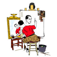 adolf_hitler armor art back belt book canvas cargo_shorts chair charles_ii clothes crown drawing drink eagle easel glass glasses hair helmet james_bond knight mirror mountain_dew nazism new_balance norman_rockwell paint paintbrush painting palette picture schutzstaffel self_portrait shoe shorts sitting smile sock stahlhelm stool sturmabteilung subvariant:chudjak_front swastika sword table trash_can variant:chudjak wheel // 3464x3464 // 1.3MB