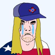 angry bloodshot_eyes cap clothes confederate crying frown hat long_hair mustache soyjak stubble texas variant:feraljak white_skin yellow_hair // 1170x1155 // 61.6KB