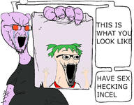 4chan anime antenna arm clothes crying fat glasses green_hair hair hand hands_up holding_object incel lust_provoking_image open_mouth paper purple_skin red_eyes reddit sex soyjak speech_bubble stubble subvariant:wewjak text tshirt variant:soyak white_skin yotsoyba // 1028x801 // 166.3KB