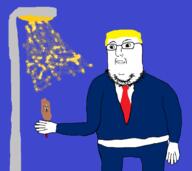 2soyjaks arm closed_mouth clothes corn_dog crying donald_trump food glasses hand holding_object light necktie open_mouth soyjak stubble suit variant:classic_soyjak variant:norwegian yellow_hair // 1293x1153 // 467.0KB