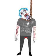 blood bloodshot_eyes blue_hair clothes crying full_body glasses goth hair heart i_love mustache open_mouth rope self_harm soyjak stubble suicide text tongue variant:bernd yellow_teeth // 1052x1052 // 225.7KB