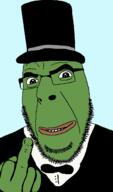 bowtie clothes frog glasses green_skin hand hat middle_finger pepe smile soyjak stubble top_hat tuxedo variant:cobson // 769x1312 // 70.0KB