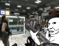 arm call_of_duty closed_mouth firearm gun hand holding_gun holding_object mustache pointing soyjak stubble variant:holdjak video_game weapon // 592x461 // 327.3KB