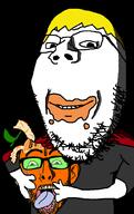 arm closed_mouth clothes crying ear eating food froot fruit glasses holding_object holding_severed_head imminent_death juice nate ominous open_mouth orange orange_(fruit) severed_head smile stubble variant:gapejak variant:nojak yellow_hair // 630x998 // 49.9KB