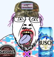 baseball_cap beer camouflage chewing_tobacco clothes confederate glasses gun hat leftypol open_mouth purple_hair soyjak stubble tongue tranny variant:bernd yellow_hair // 1063x1137 // 1.2MB