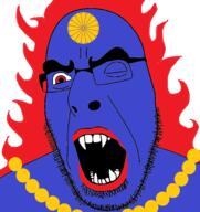 angry blue_skin fangs fire fudo_myoo glasses open_mouth red_eyes soyjak stubble variant:cobson wink // 1931x2048 // 426.5KB