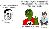 bloodshot_eyes crying frog furry green_skin label middle_finger nazism paxiti pepe pepe_the_frog purple_hair red_shirt soyjak_party swastika tranny trans trans_flag trans_rights variant:chudjak white_skin // 1962x1189 // 621.5KB