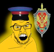 angry clothes fsb glasses glowing hat military_cap mustache open_mouth russia soyjak stubble variant:feraljak // 648x621 // 328.5KB