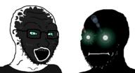 2soyjaks bald black_shirt black_skin blackface closed_mouth clothes face_paint forehead_lines forehead_wrinkles glasses glowing_eyes green_eyes lens_flare open_mouth racism soyjak stubble thougher variant:soyak // 1452x796 // 152.0KB