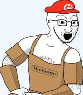 arm armor body_hair cardboard chest_hair clothes gigachad glasses hairy hat logo mario mario_hat nintendo nintendo_labo open_mouth red_hat soyjak stubble transparent transparent_background variant:soyak video_game white_skin // 615x708 // 300.7KB