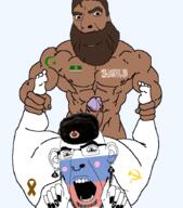 2soyjaks beard brown_hair brown_skin chechnya clothes communism flag full_body glasses hair hammer_and_sickle hand hat islam leg looking_at_you nsfw open_mouth penis rape ribbon russia sex smile smug soyjak variant:cobson z_(russian_symbol) // 788x893 // 180.8KB