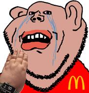 amerimutt bloodshot_eyes brown_skin clothes crying ear hand lips looking_at_you mcdonalds mutt open_mouth red_shirt scared soyjak stubble subvariant:impish_amerimutt text variant:impish_soyak_ears watch // 598x628 // 109.6KB