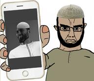 angry arab arm beard bloodshot_eyes brown_skin closed_mouth clothes ear gigachad glasses hand holding_object holding_phone iphone islam looking_at_you phone subvariant:chudjak_front taqiyah thick_eyebrows variant:chudjak // 2350x2016 // 1.9MB