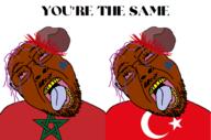 2soyjaks blood bloodshot_eyes brown_skin clothes concrete country crescent crying earthquake flag glasses hat meta:tagme morocco open_mouth pedophiles rapists rubble soyjak star stubble taqiyah teeth text tongue turk turkiye variant:bernd variantbernd yellow_teeth you're_the_same // 1537x1020 // 210.0KB