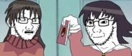 3soyjaks anime arm azumanga_daioh bloodshot_eyes closed_mouth cockroach concerned crying ear glasses hair hand hanging holding_object open_mouth rope scared soyjak stubble suicide tongue variant:bernd variant:soyak yellow_teeth // 1396x599 // 243.7KB
