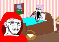 2soyjaks basket bed clothes drawn_background ear fairy_tale glasses grandma half_open_mouth hat hood little_red_riding_hood old open_mouth scared sleeping soyjak stretched_mouth stubble variant:markiplier_soyjak variant:soyak // 800x572 // 56.0KB