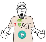 arm clothes ear glasses hand heart i_love linux open_mouth opensuse pointing soyjak stubble text tshirt variant:shirtjak yast // 618x559 // 89.1KB