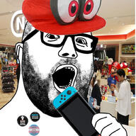 badge beard black_lives_matter cap clothes ear flag glasses hand hat holding_object irl_background japan kirby mario mushroom mustache nintendo nintendo_switch open_mouth soyjak store tranny variant:hot_sauce video_game // 1024x1024 // 344.0KB