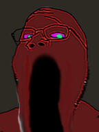 dark distorted glasses green_eyes open_mouth purple_eyes red_skin soyjak stretched_mouth stubble variant:wholesome_soyjak // 600x800 // 170.0KB