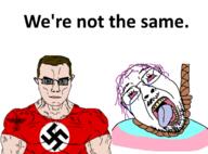 arm bloodshot_eyes brown_hair closed_mouth clothes crying ear glasses hanging lipstick mustache nazism open_mouth purple_hair rope satoko stubble subvariant:muscular_chud text tranny variant:bernd variant:chudjak we're_not_the_same white_skin you're_the_same // 662x488 // 141.4KB