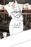 arm clothes coffee coffee_maker cup furry glasses hat mug name_tag open_mouth pokemon snout soyjak starbucks_coffee stubble text tongue tshirt vaporeon variant:vaporeonjak // 401x605 // 214.7KB