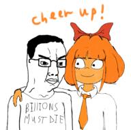angry bowtie closed_mouth clothes female friendship glasses hair hugging millions_must_die mymy necktie ongezellig orange_hair orange_skin smile soyjak variant:chudjak // 2810x2783 // 1.3MB