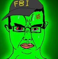 anger_mark angry bloodshot_eyes cap closed_mouth clothes crying ear federal_bureau_of_investigation glasses glowie glowing glownigger hair hat soyjak subvariant:chudjak_front text variant:chudjak // 548x553 // 168.1KB