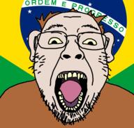 animal brazil country ear flag glasses monkey open_mouth soyjak stubble tongue variant:gapejak_front yellow_eyes yellow_teeth // 526x503 // 102.1KB