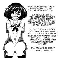 anime arm black_and_white chud clothes female girls_und_panzer hair leg manga school_uniform short_hair sitting skirt smile smug text variant:chudjak yukari_akiyama // 1024x1024 // 184.2KB