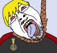 badge bloodshot_eyes clothes crying glasses hanging nate open_mouth rope soot_colors soyjak soyjak_party stubble suicide tongue variant:gapejak_front yellow_hair // 768x719 // 45.8KB