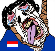 bloodshot_eyes clothes crying dutch hair hanging mustache netherlands open_mouth rope soyjak stubble subvariant:brunetto tongue variant:bernd yellow_teeth // 484x449 // 211.4KB