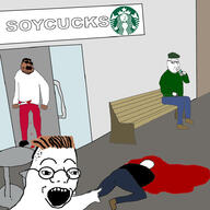 2soyjaks arm bisected blood brown_hair brown_skin clothes dead drawn_background full_body glasses hair hand hat holding_knife holding_object knife merge murder npc open_mouth pointing sitting smile smug soyjak starbucks stubble variant:smugjak variant:soyak variant:two_pointing_soyjaks variant:zoomer zoomer // 939x940 // 294.2KB