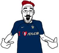 arm beret clothes ear football france glasses hand hat heart i_heart_nigger i_love mustache open_mouth pointing soccer soyjak stubble text variant:shirtjak // 618x559 // 88.5KB