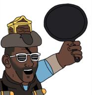 arm black_skin clothes demoman_(tf2) ear eyepatch frying_pan glasses grenade hand hat holding_object open_mouth pirate_hat shutter_shades soyjak stubble team_fortress_2 variant:girugamesh video_game // 714x739 // 202.5KB
