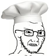 chef clothes concerned glasses gritting_teeth hat soyjak stubble variant:classic_soyjak // 536x599 // 135.9KB