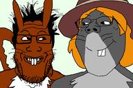 2soyjaks animal are_you_soying_what_im_soying brown_skin buck_teeth closed_mouth clothes ear femjak glasses grey_skin hair hat looking_at_each_other smile soyjak squirrel stubble subvariant:gapejak_female tail variant:gapejak variant:markiplier_soyjak yellow_hair // 1200x800 // 286.1KB