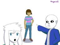 arm asriel_dreemurr blue_eyes brown_hair brown_skin closed_eyes clothes frisk full_body goat hair hand open_mouth sans soy_parody undertale variant:two_pointing_soyjaks video_game // 640x480 // 126.6KB