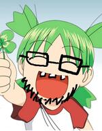 4chan anime arm clothes glasses green_hair hair hand holding_object leaf open_mouth soyjak stubble tshirt variant:unknown yotsoyba // 321x410 // 148.0KB