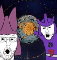 2soyjaks arm clothes cyclonus decepticon drawn_background galvatron glasses hand hat mustache open_mouth pointing sci-fi soyjak stubble transformers unicron variant:two_pointing_soyjaks // 640x670 // 498.5KB