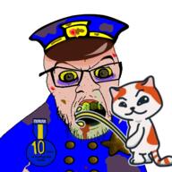 acne angry animal badge blood cap cat clothes crazed dirty_clothes glasses hat marsey mucus mustache oldfag open_mouth police police_hat rdrama soyjak stubble text utubetrollspolice variant:feraljak white_skin yellow_eyes yellow_teeth // 1500x1500 // 1.1MB