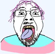 clothes flag glasses hair mustache open_mouth png purple_hair soyjak stubble template tongue tranny transparent variant:bernd yellow_teeth // 443x436 // 17.6KB