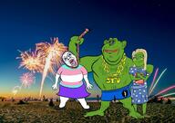 3soyjaks beach closed_mouth clothes dress fireworks frog full_body glasses green_skin hairy hanging irl_background mein_kampf necklace open_mouth pepe rope smile soyjak stubble subvariant:soylita tanny trad_wife variant:bernd variant:gapejak variant:impish_soyak_ears // 1280x908 // 220.6KB