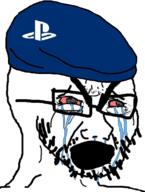 beanie bloodshot_eyes clothes console crying glasses hat open_mouth playstation sony soyjak stubble thick_eyebrows variant:cryboy_soyjak video_game // 880x1168 // 567.0KB