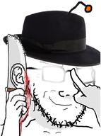 antenna arm blood closed_mouth clothes ear ear_removal fedora glasses glowing_glasses hand hat knife reddit smile smug soyjak stubble variant:classic_soyjak // 636x852 // 118.9KB