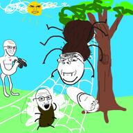 5soyjaks binoculars bug closed_eyes closed_mouth drawn_background evil fangs fly frown full_body glasses heart i_love meme multiple_eyes open_mouth scared smile smug soyjak spider stubble subvariant:chudjak_front subvariant:wholesome_soyjak sun text tree variant:chudjak variant:gapejak variant:soyak web wojak // 600x600 // 181.5KB