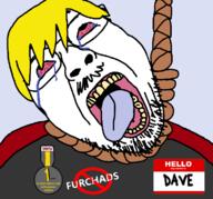 badge bloodshot_eyes clothes crying dave furry glasses hanging name_tag nate open_mouth rope soot_colors soyjak soyjak_party stubble suicide tongue variant:bernd yellow_hair // 753x703 // 62.2KB