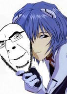anime ayanami_rei blue_hair closed_mouth glasses hair mask neon_genesis_evangelion smile soyjak stubble variant:cobson // 563x787 // 174.0KB