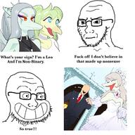 anonymous calarts clothes fang_(snoot_game) furry glasses non_binary scalie smile snoot_game so_true soyjak stella_(snoot_game) stubble suit text variant:soyak wedding white_skin zodiac // 717x717 // 355.4KB